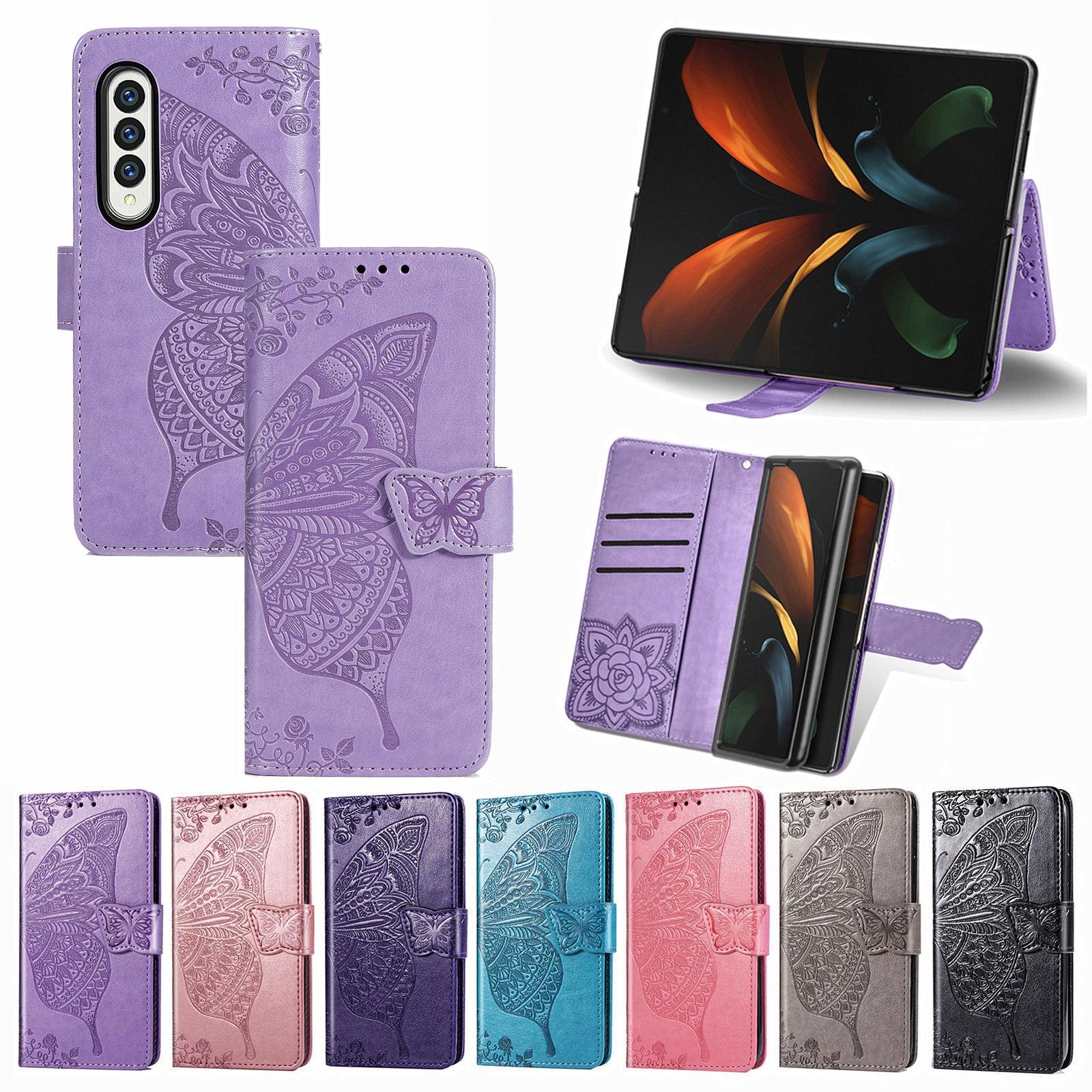 For Samsung Galaxy Z Fold4 5G Embossed Butterfly Love Leather Case - Flower Design - Dark Purple