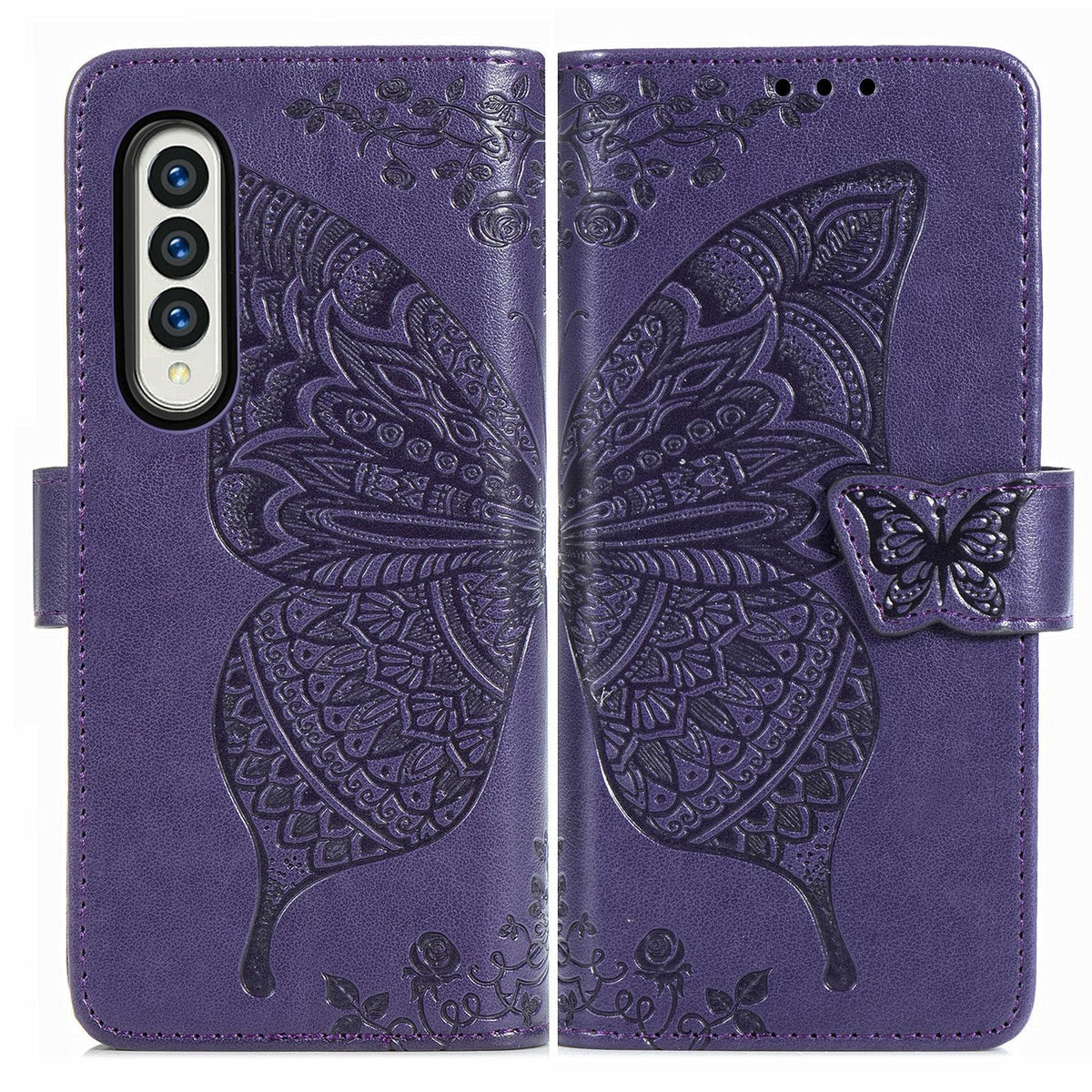 For Samsung Galaxy Z Fold4 5G Embossed Butterfly Love Leather Case - Flower Design - Dark Purple