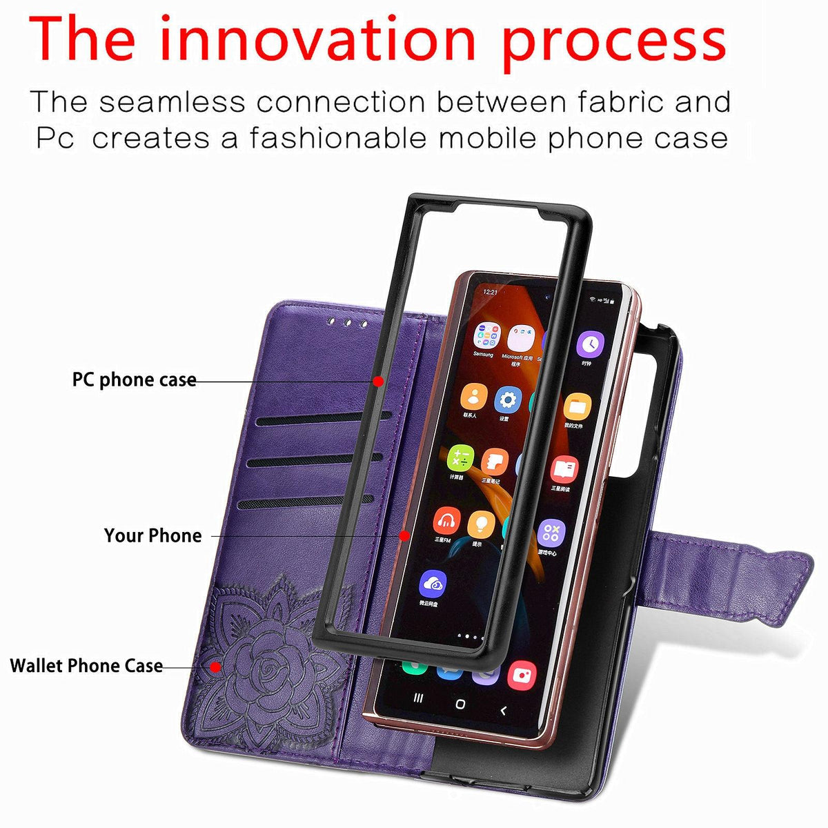 For Samsung Galaxy Z Fold4 5G Embossed Butterfly Love Leather Case - Flower Design - Dark Purple