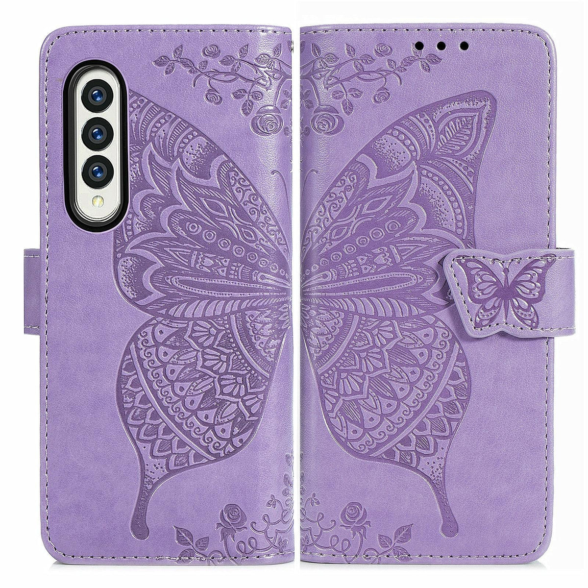 For Samsung Galaxy Z Fold4 5G Embossed Butterfly Love Leather Case - Flower Design - Dark Purple