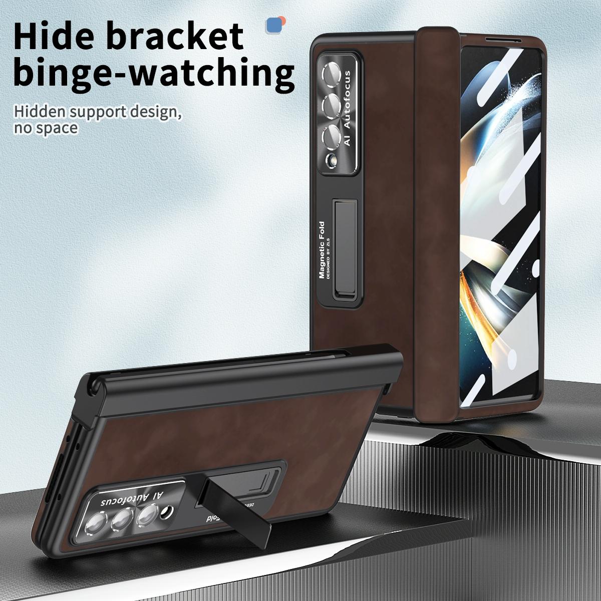 For Samsung Galaxy Z Fold4 5G Magnetic Phone Case - Napa Pattern - Coffee