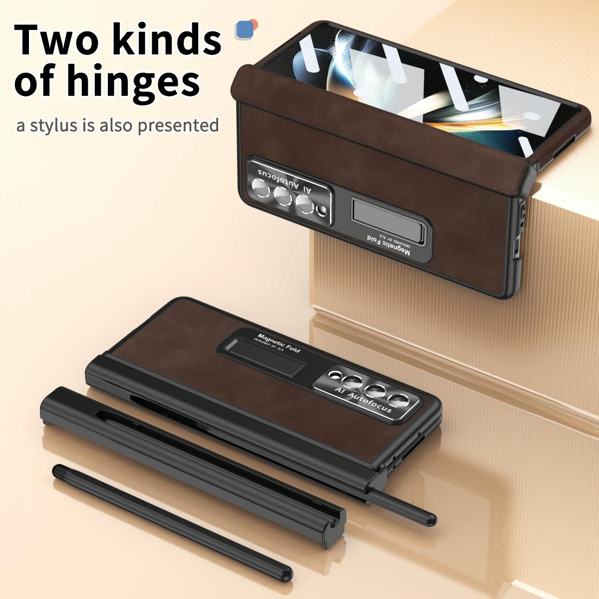 For Samsung Galaxy Z Fold4 5G Magnetic Phone Case - Napa Pattern - Coffee