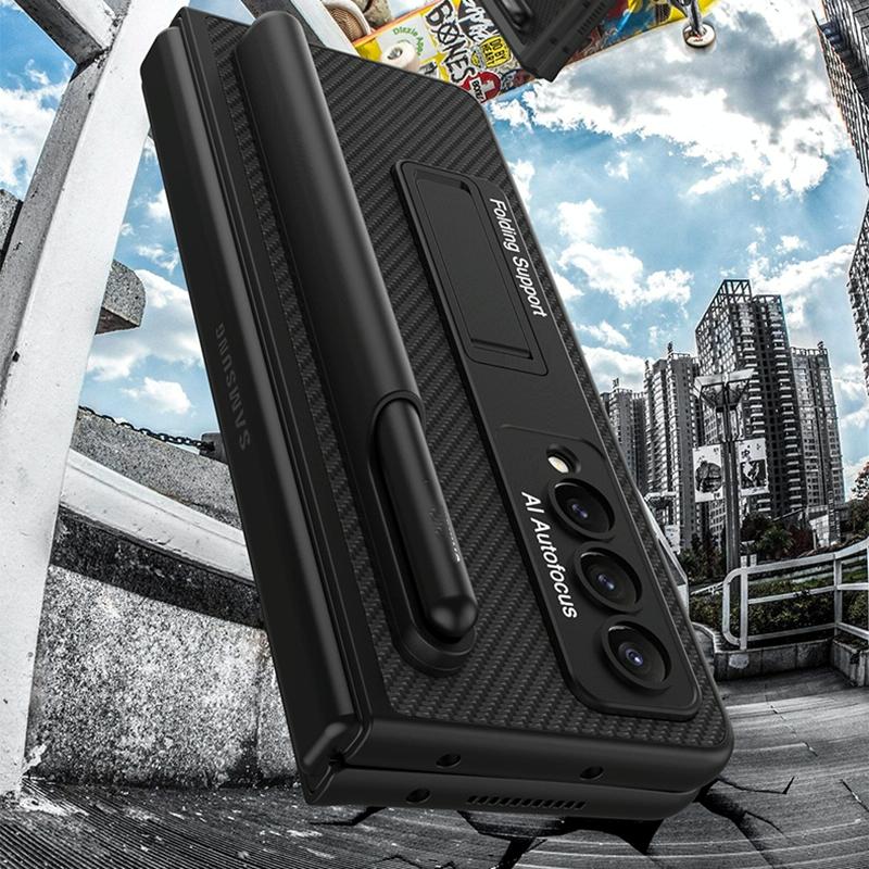 For Samsung Galaxy Z Fold4 5G Leather Case With Holder & Pen Slots - Thin & Shockproof - Carbon Fiber Texture