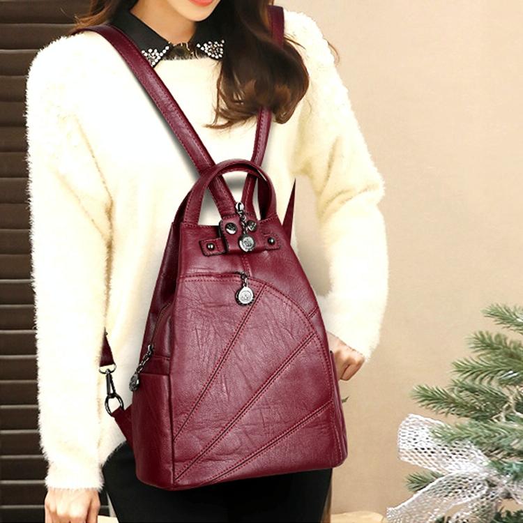 Women Leather Backpack - Secure & Stylish - Wine Red