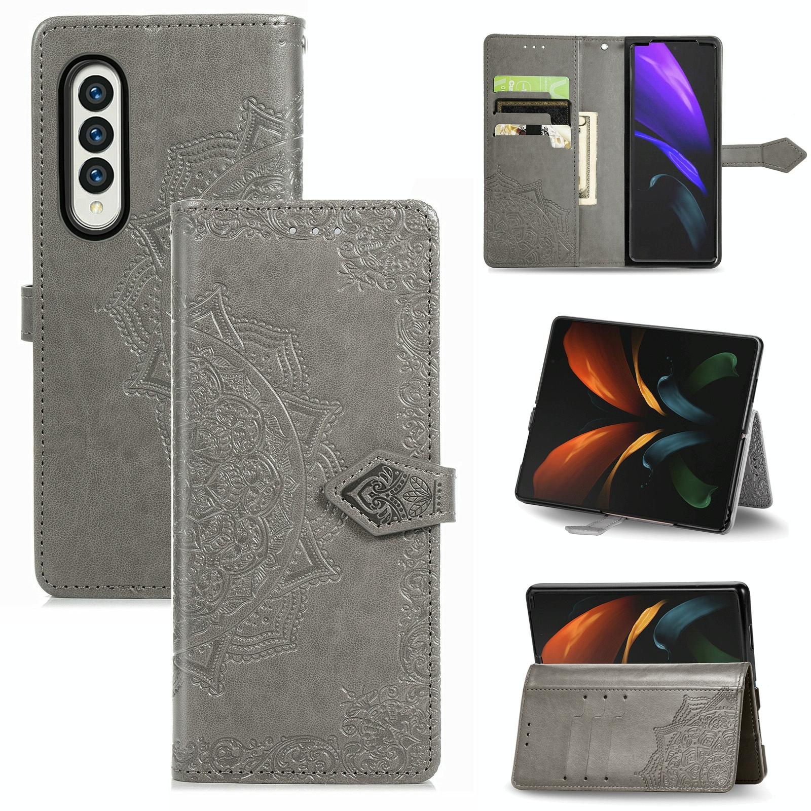 For Samsung Galaxy Z Fold4 5G Embossed Mandala Leather Phone Case - Gray