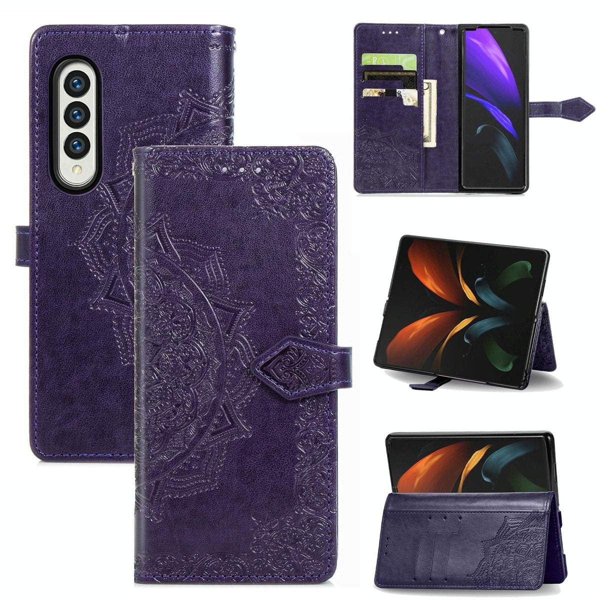 For Samsung Galaxy Z Fold4 5G Embossed Mandala Leather Phone Case - Gray