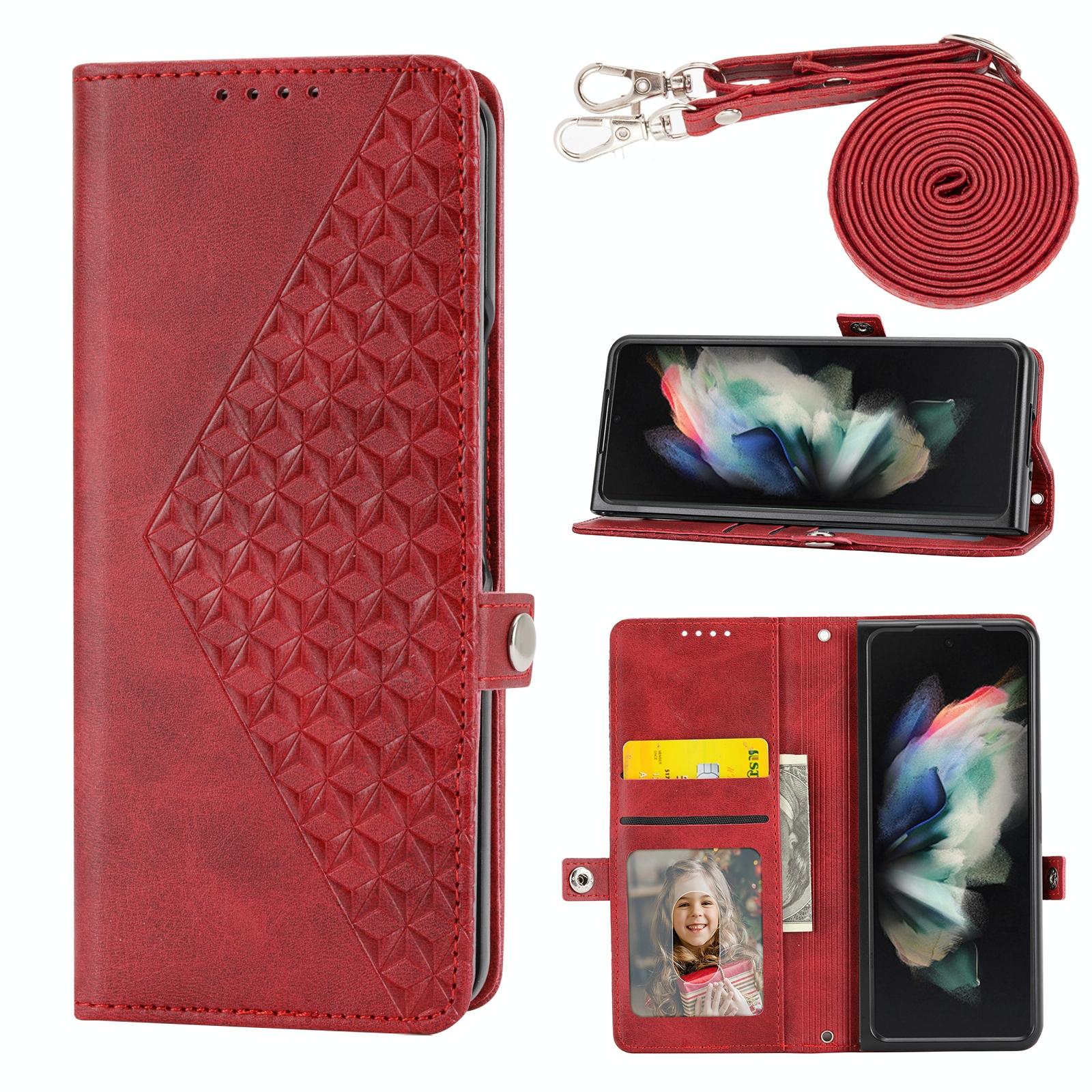For Samsung Galaxy Z Fold4 5G Leather Grid Texture Phone Case With Lanyard - Blue
