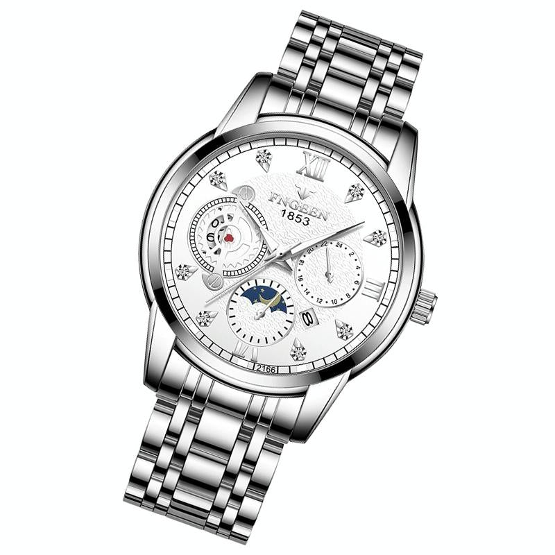 Men Three-eye Hollow Quartz Sports Watch - White Steel White Surface