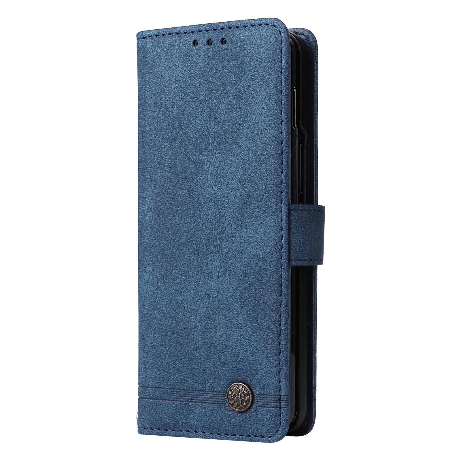 For Samsung Galaxy Z Fold4 5G Metal Button Leather Case - Tree Design - Blue