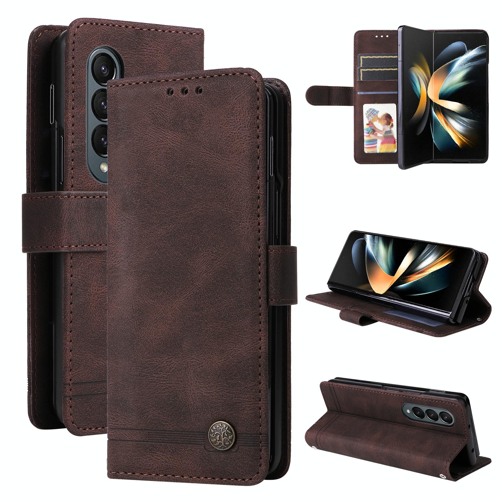 For Samsung Galaxy Z Fold4 5G Metal Button Leather Case - Tree Design - Blue
