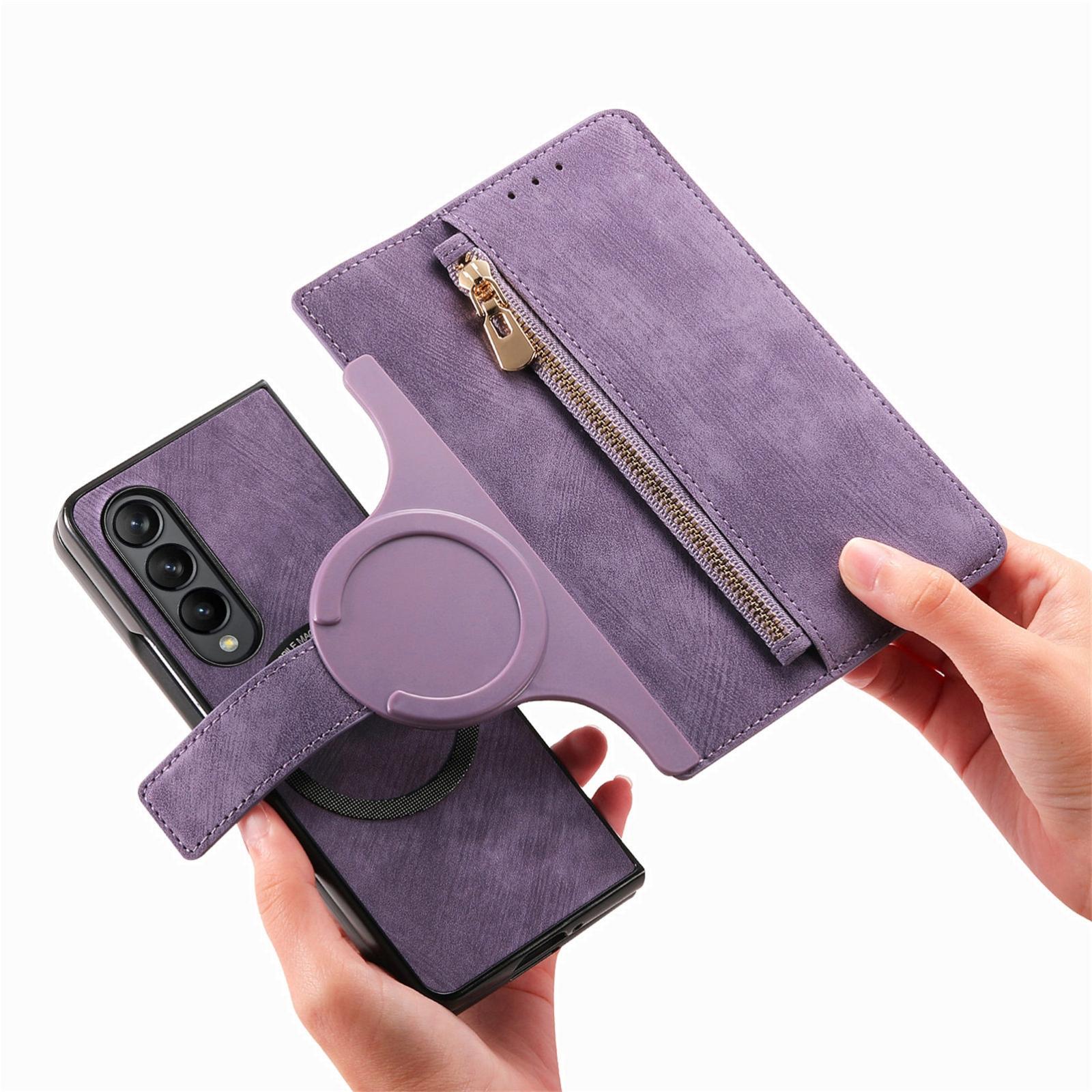 For Samsung Galaxy Z Fold4 5G Vintage Magnetic Wallet Case - Zipper Closure - Purple