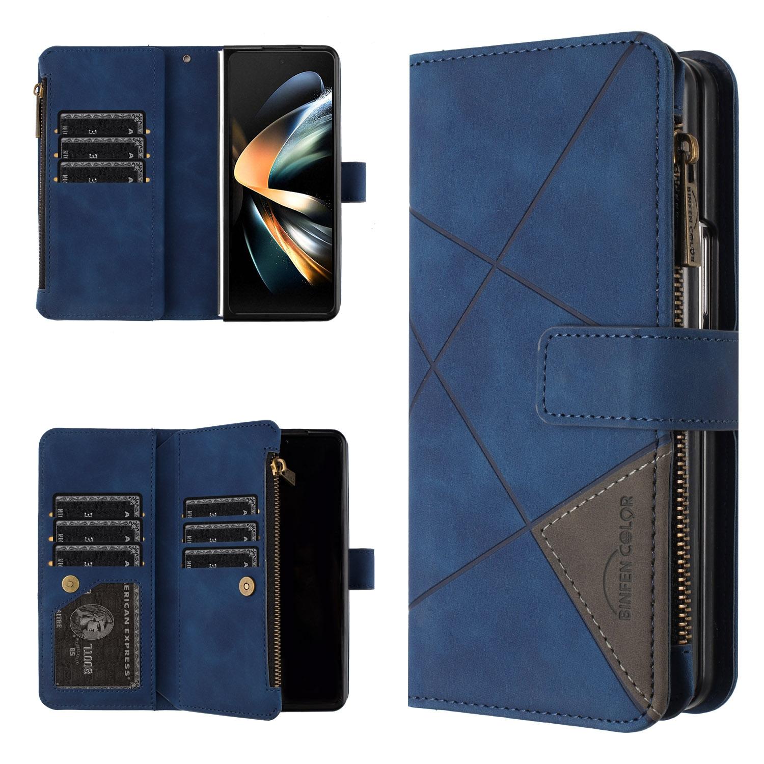 For Samsung Galaxy Z Fold4 5G Leather Zip Wallet With Rhombus Texture - Blue