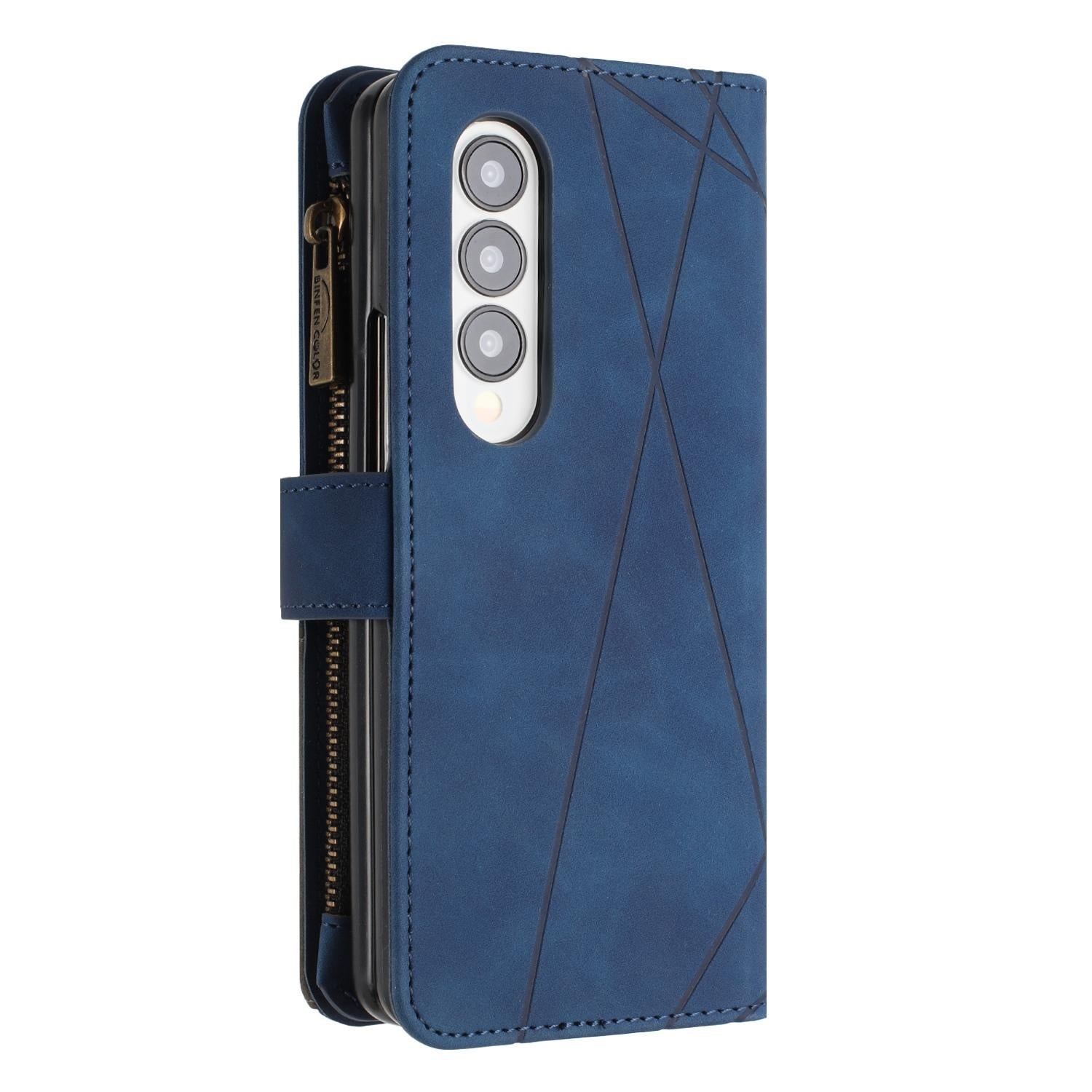 For Samsung Galaxy Z Fold4 5G Leather Zip Wallet With Rhombus Texture - Blue