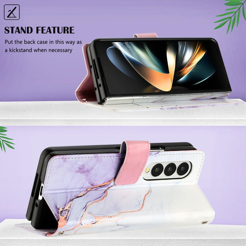 For Samsung Galaxy Z Fold4 5G Marble Leather Flip Case - White Purple Ls006