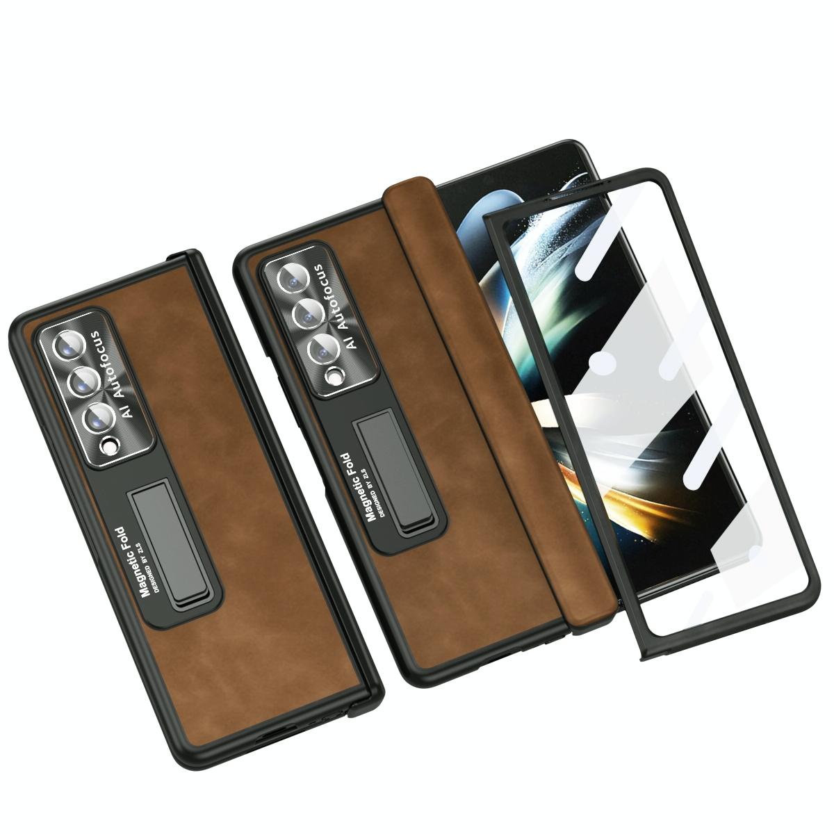 For Samsung Galaxy Z Fold4 5G Napa Texture All-In-One Phone Case - Coffee