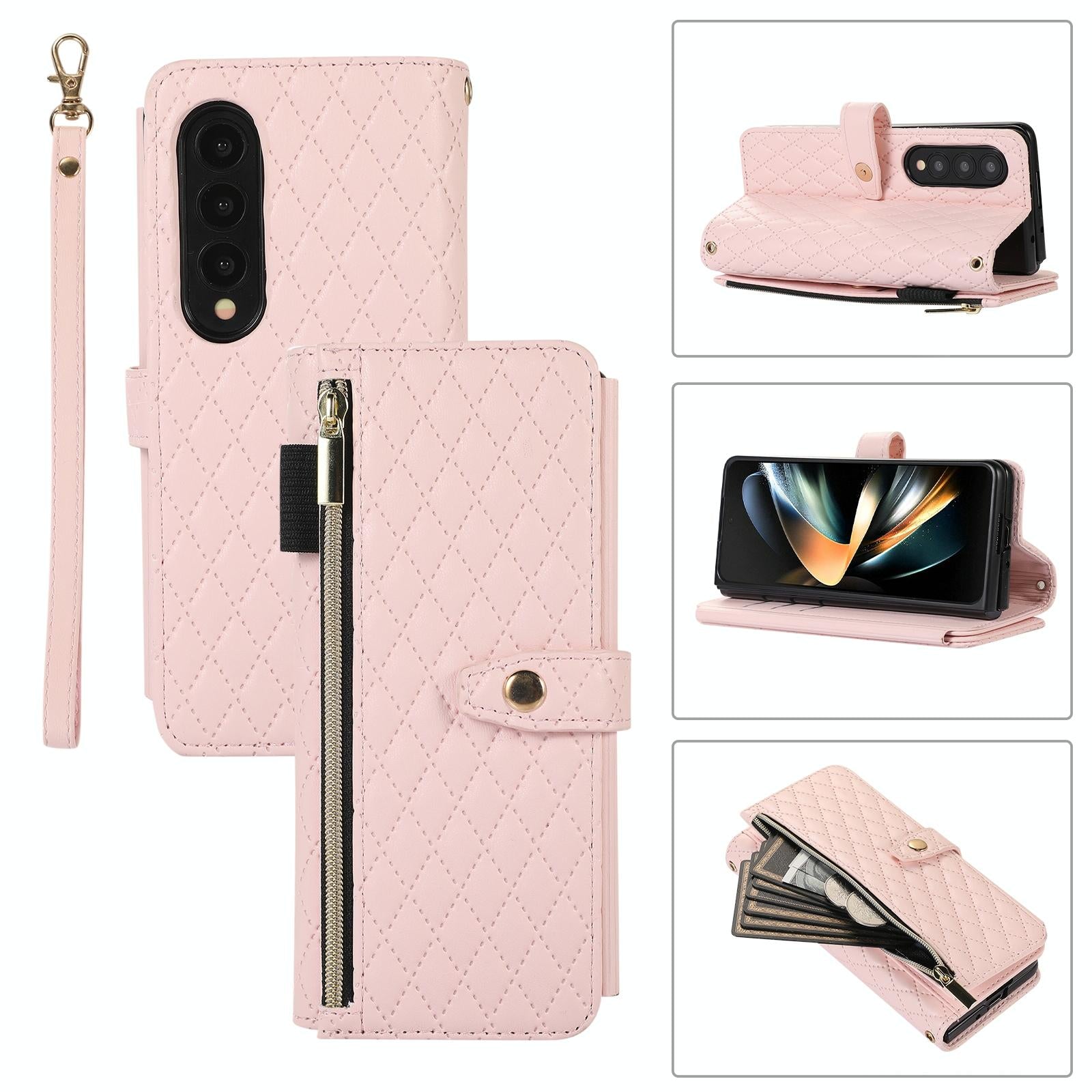 For Samsung Galaxy Z Fold4 5G Foldable Diamond Lattice Phone Case - Pink