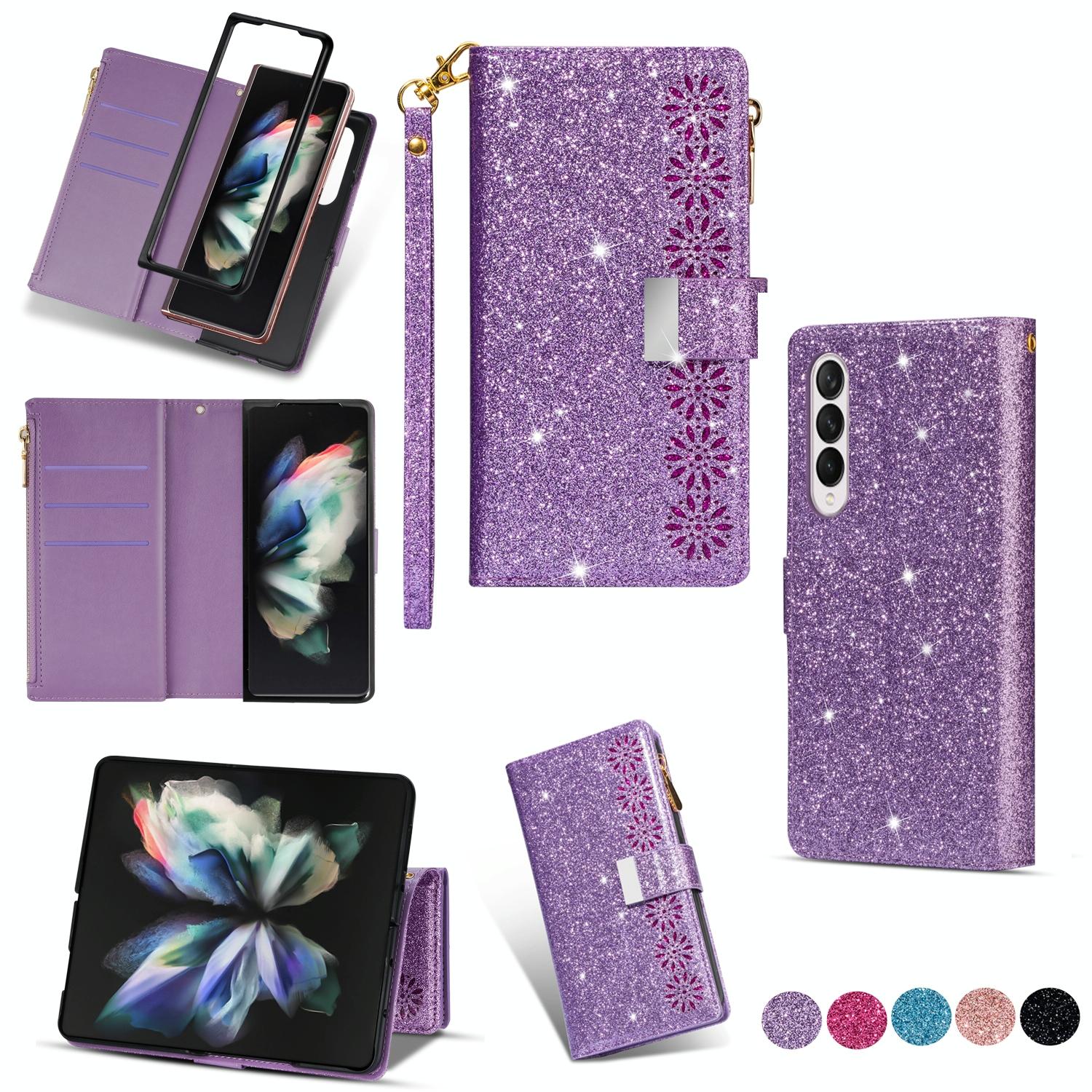 For Samsung Galaxy Z Fold4 5G Sparkling Leather Zip Case - Zipper Closure - Purple