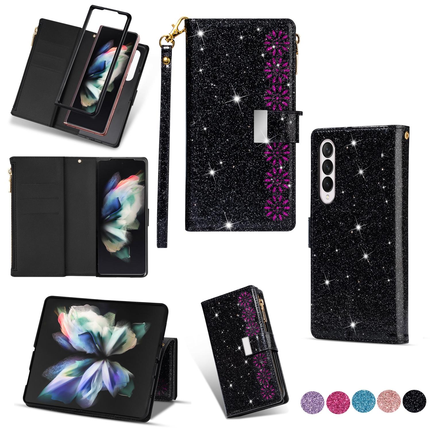For Samsung Galaxy Z Fold4 5G Sparkling Leather Zip Case - Zipper Closure - Purple