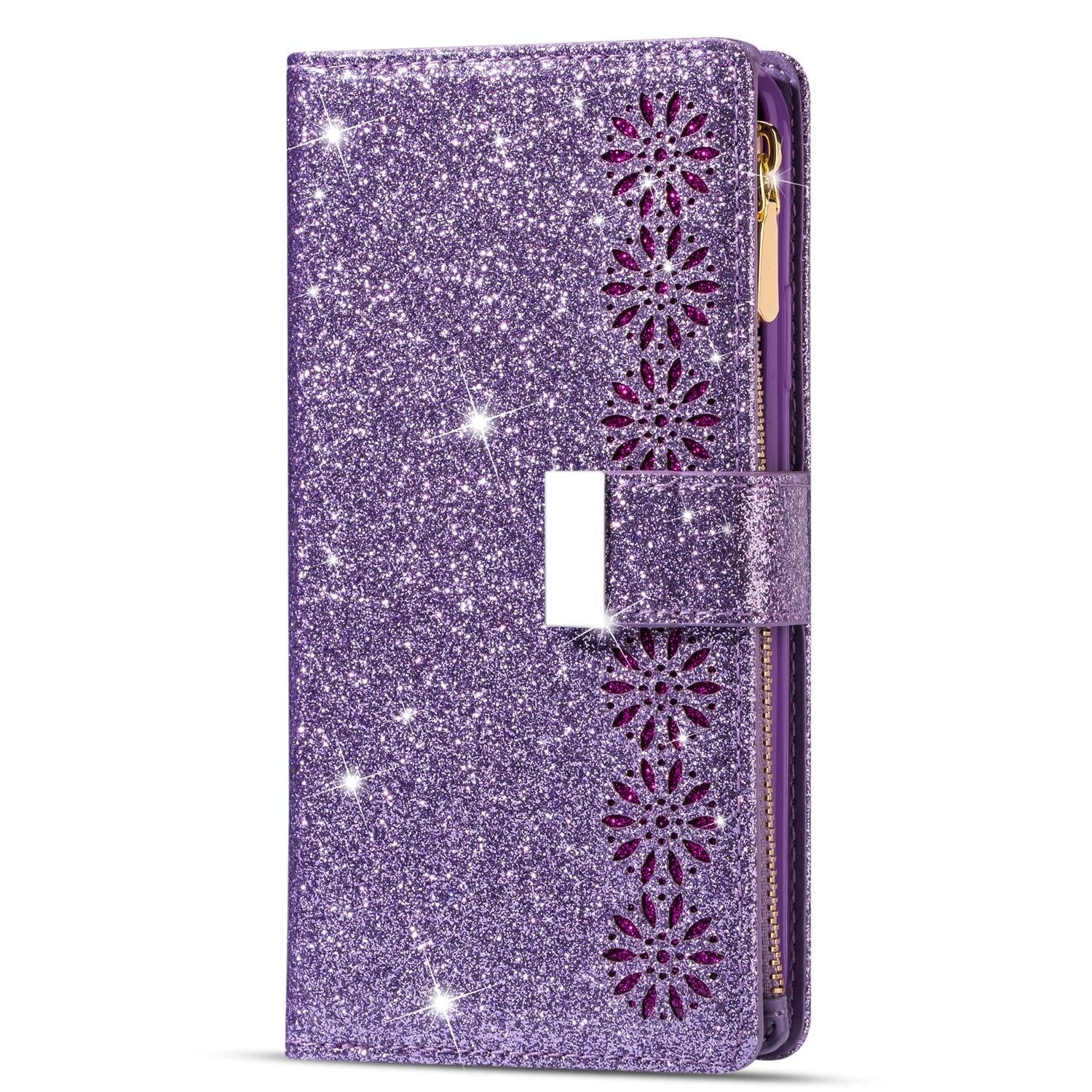 For Samsung Galaxy Z Fold4 5G Sparkling Leather Zip Case - Zipper Closure - Purple