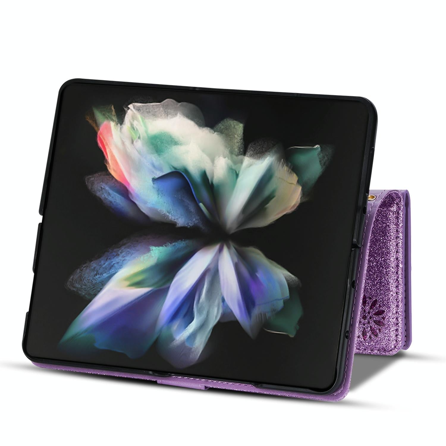 For Samsung Galaxy Z Fold4 5G Sparkling Leather Zip Case - Zipper Closure - Purple
