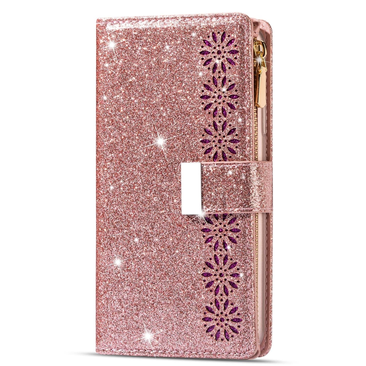 For Samsung Galaxy Z Fold4 5G Sparkling Leather Zip Case - Zipper Closure - Purple