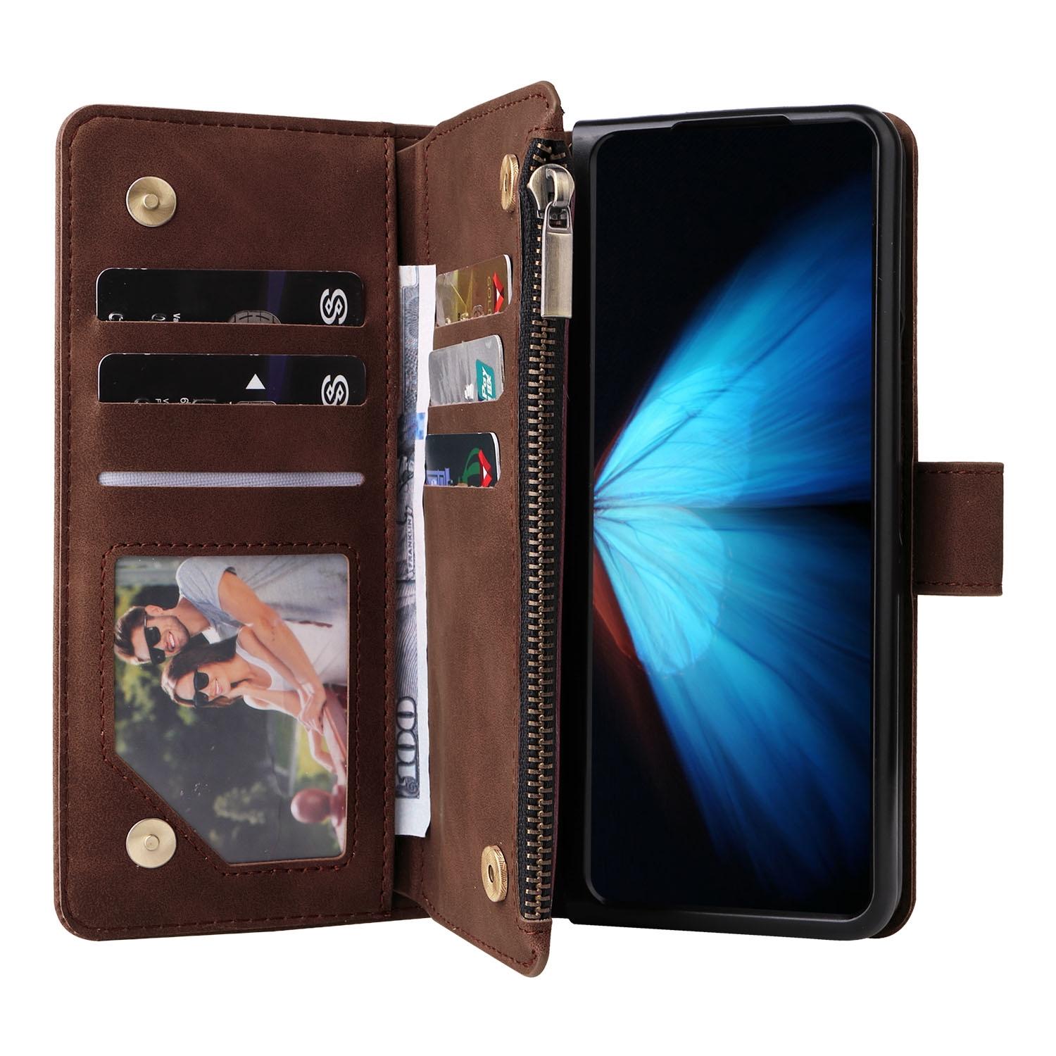 For Samsung Galaxy Z Fold4 5G Frosted Leather Zip Wallet - Compact And Stylish - Coffee