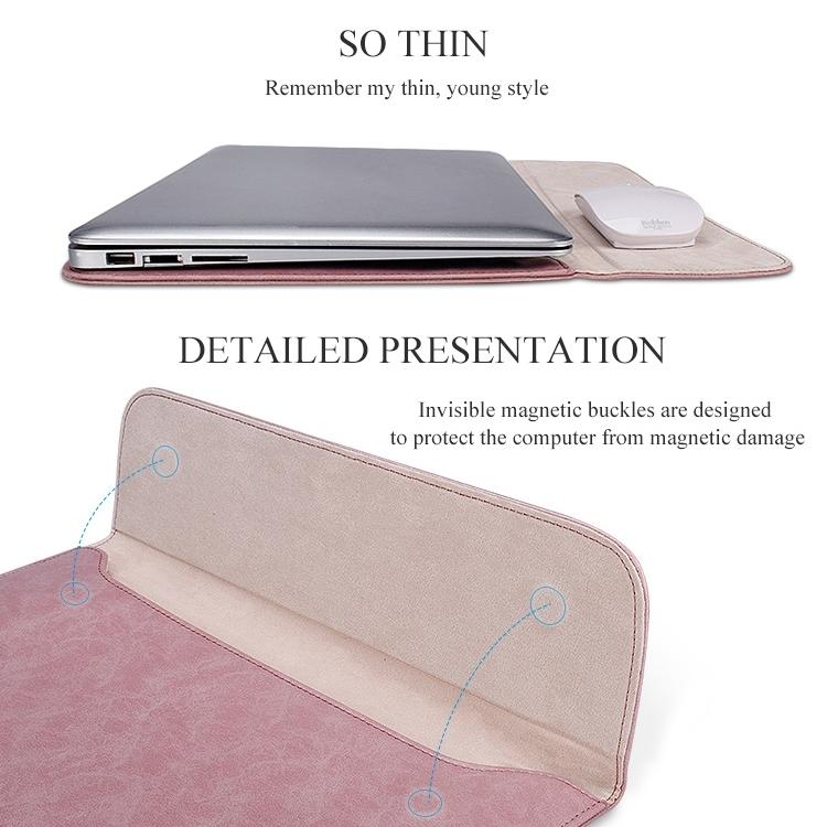 13.3 Inch Laptop Inner Bag with Magnetic Buckle and Small Bag - Pink Leather