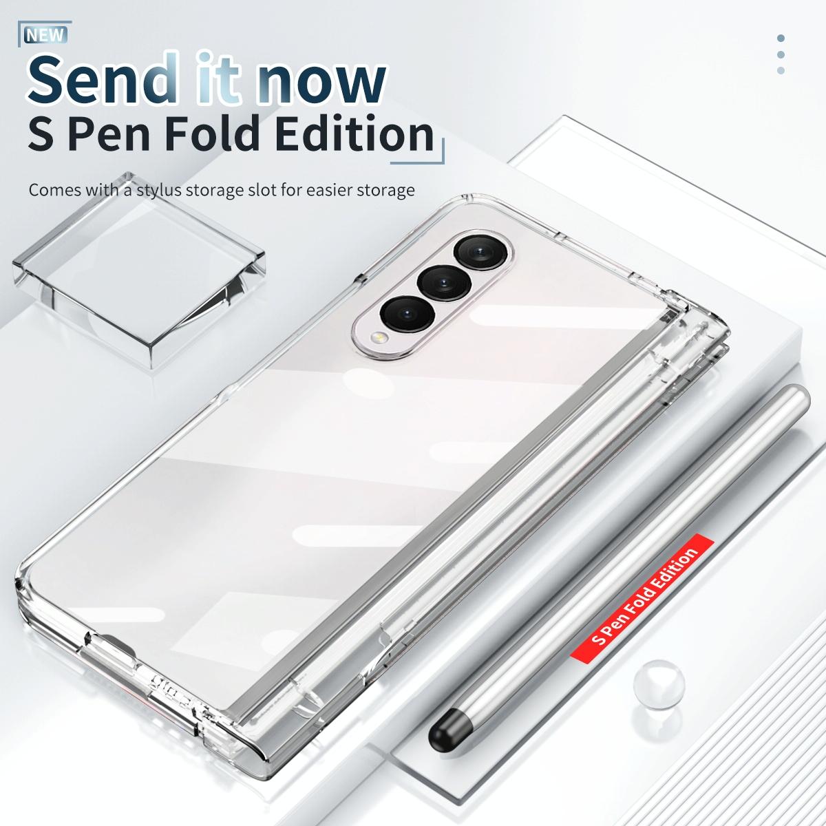 For Samsung Galaxy Z Fold4 5G Full Body Phone Case with Integrated Hinge and Pen Slot - Transparent