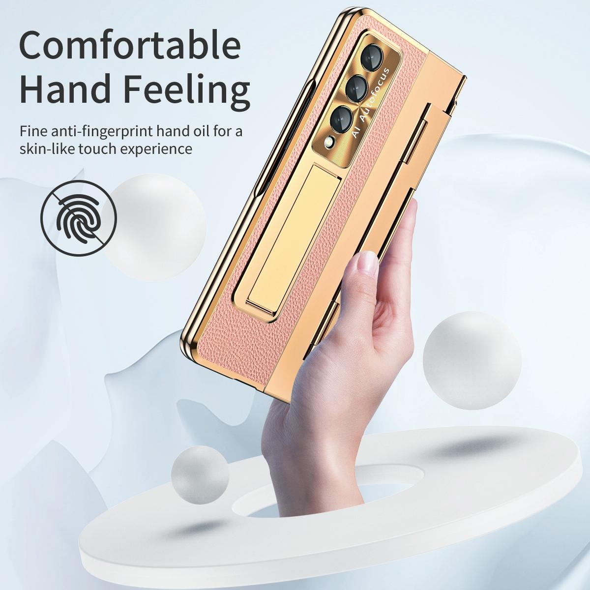 For Samsung Galaxy z Fold4 5G Full Coverage Phone Case with Hinge - Integrated Design - Gold + Pink