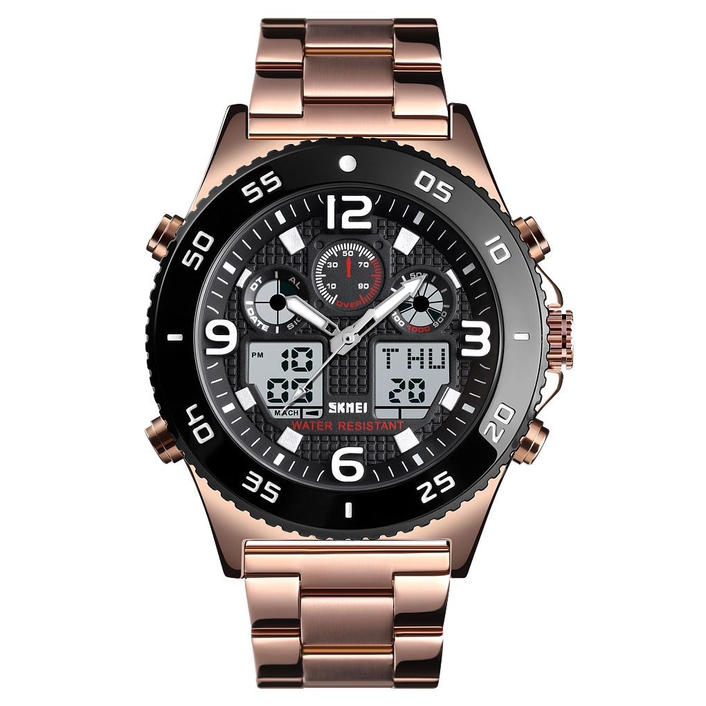 Men Casual Sports Watch with Large Dial and Steel Band - Black-Steel Belt