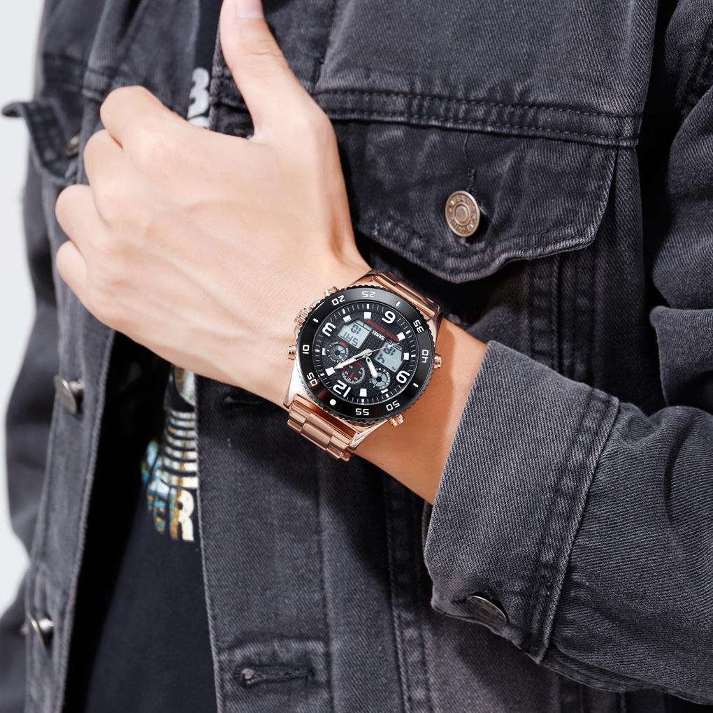 Men Casual Sports Watch with Large Dial and Steel Band - Black-Steel Belt