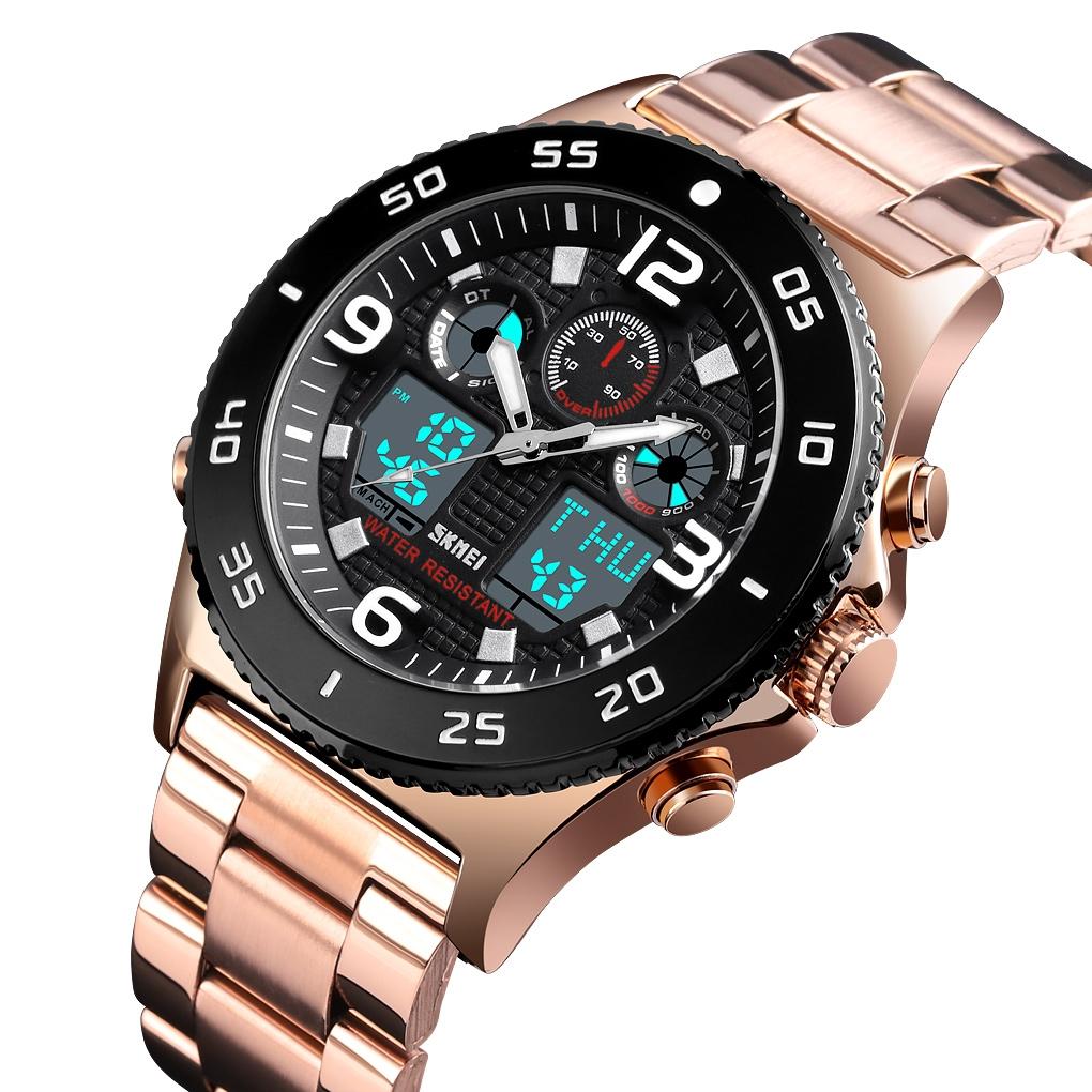 Men Casual Sports Watch with Large Dial and Steel Band - Black-Steel Belt