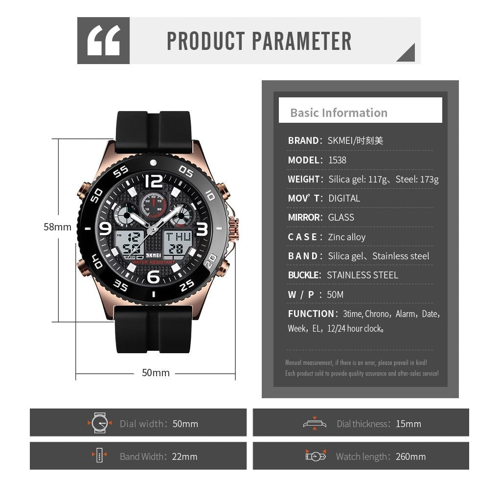 Men Casual Sports Watch with Large Dial and Steel Band - Black-Steel Belt