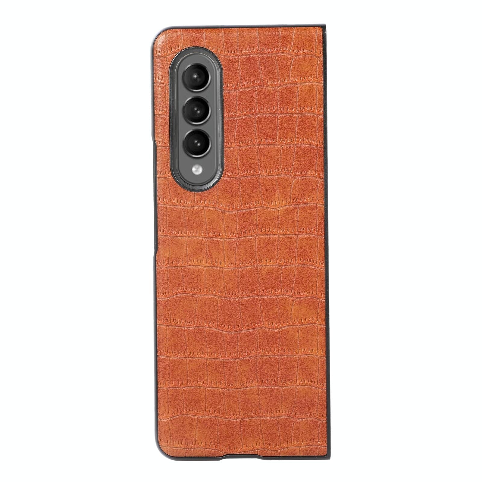 For Samsung Galaxy Z Fold4 5G Foldable Crocodile Texture Phone Case - Pu Leather - Dark Brown