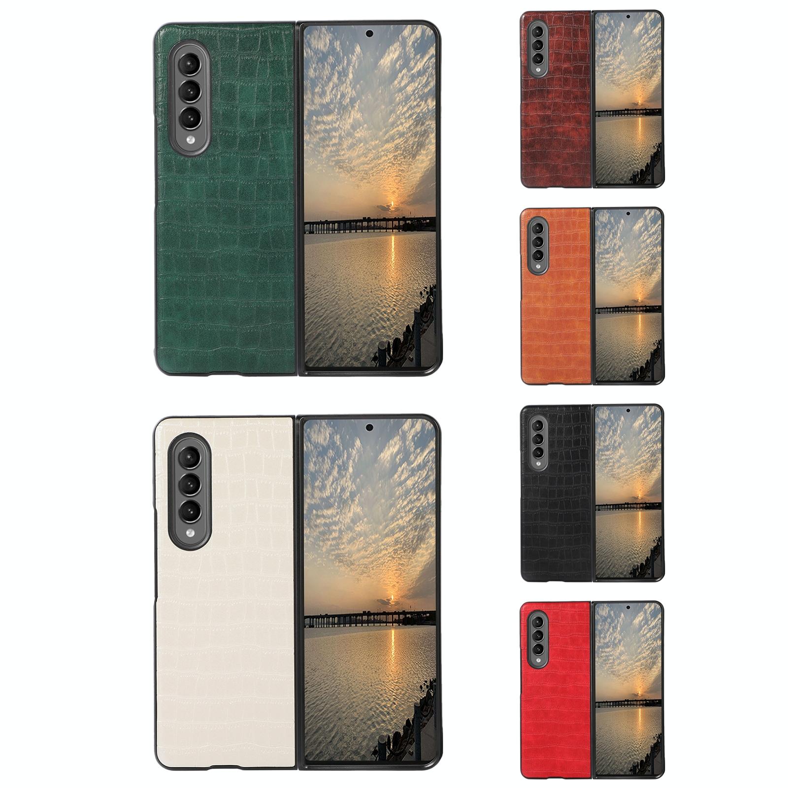 For Samsung Galaxy Z Fold4 5G Foldable Crocodile Texture Phone Case - Pu Leather - Dark Brown