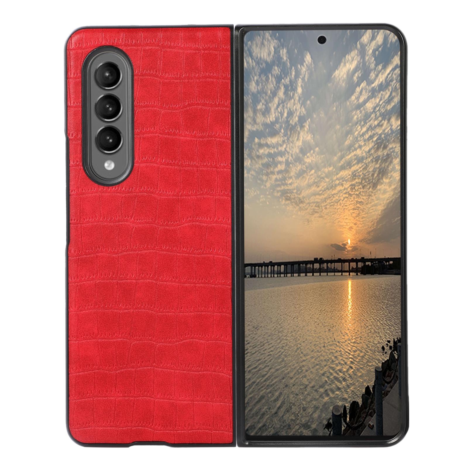 For Samsung Galaxy Z Fold4 5G Foldable Crocodile Texture Phone Case - Pu Leather - Dark Brown