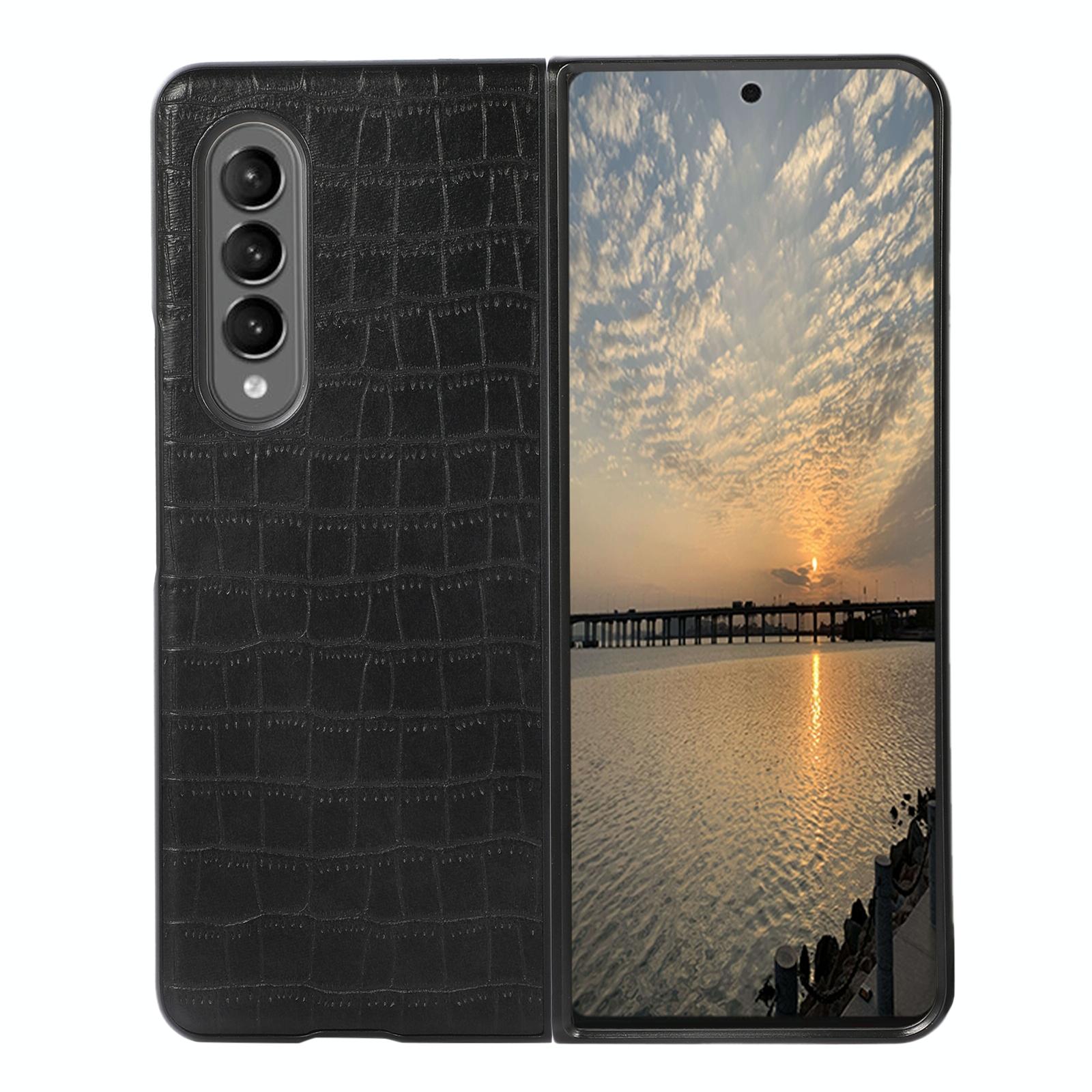 For Samsung Galaxy Z Fold4 5G Foldable Crocodile Texture Phone Case - Pu Leather - Dark Brown