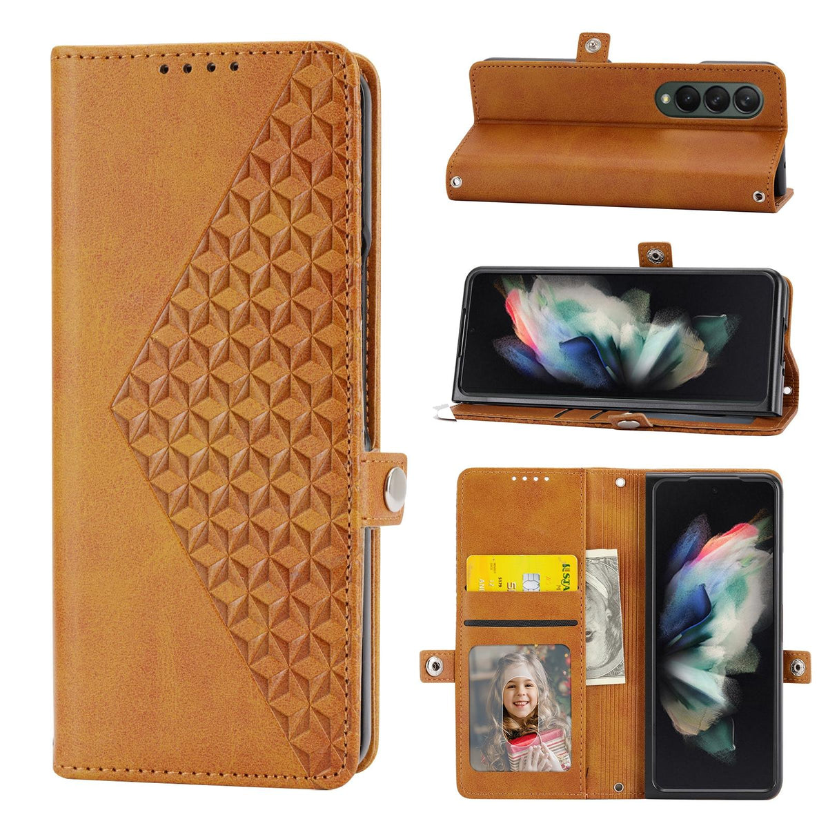 For Samsung Galaxy Z Fold4 5G Textured Leather Phone Case - Cubic Grid Design - Yellow