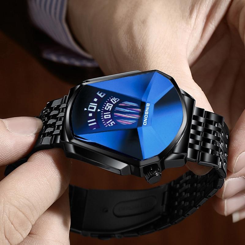 Men Diamond Dial Quartz Watch - Locomotive Concept - Black Steel Blue Surface