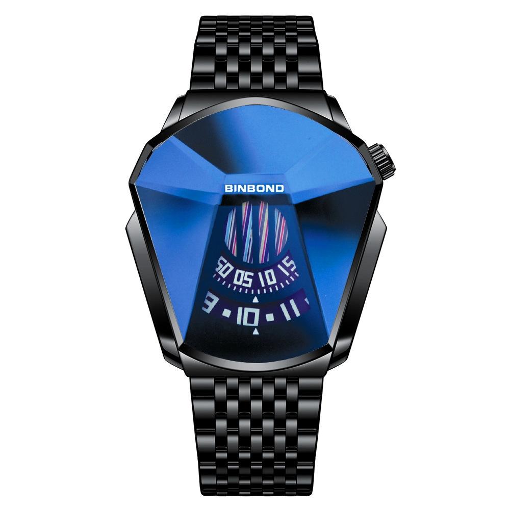 Men Diamond Dial Quartz Watch - Locomotive Concept - Black Steel Blue Surface