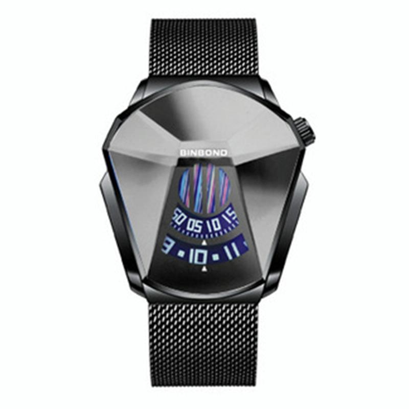 Men Diamond Dial Quartz Watch - Locomotive Concept - Black Steel Blue Surface