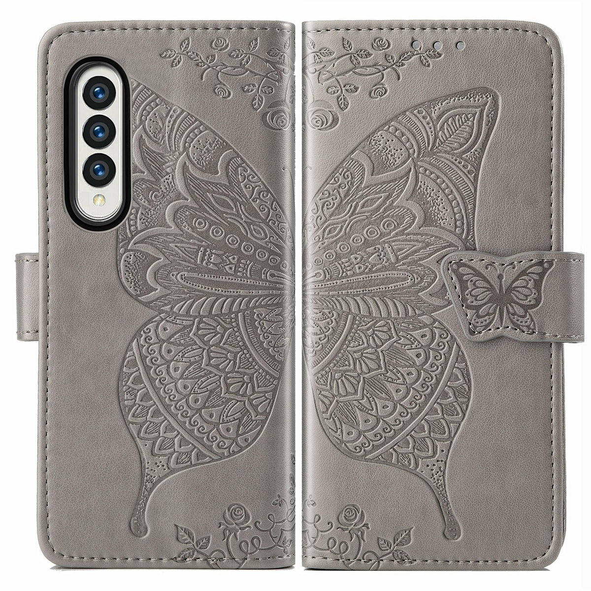 For Samsung Galaxy Z Fold4 5G Embossed Butterfly Love Leather Case - Flower Design - Light Purple