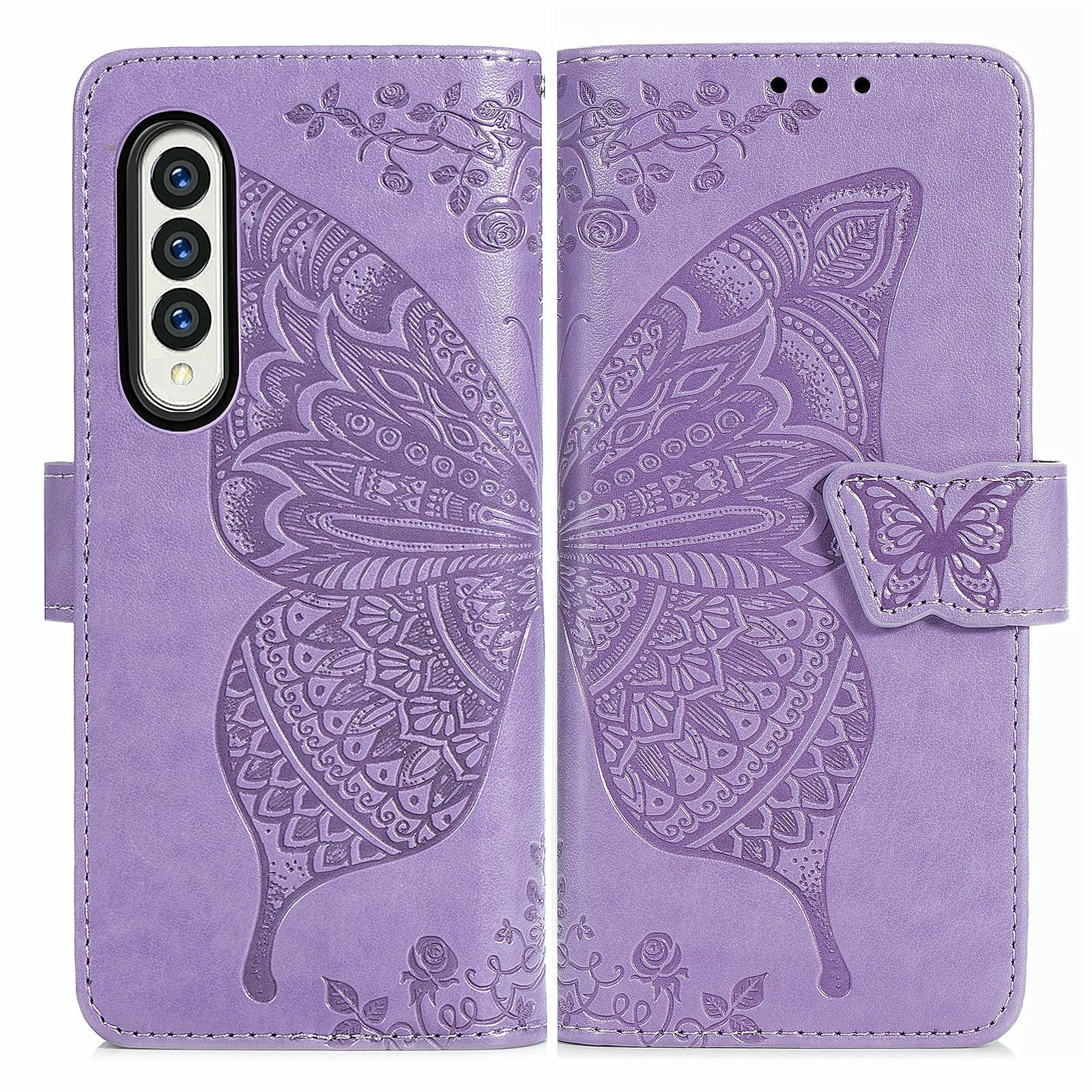 For Samsung Galaxy Z Fold4 5G Embossed Butterfly Love Leather Case - Flower Design - Light Purple
