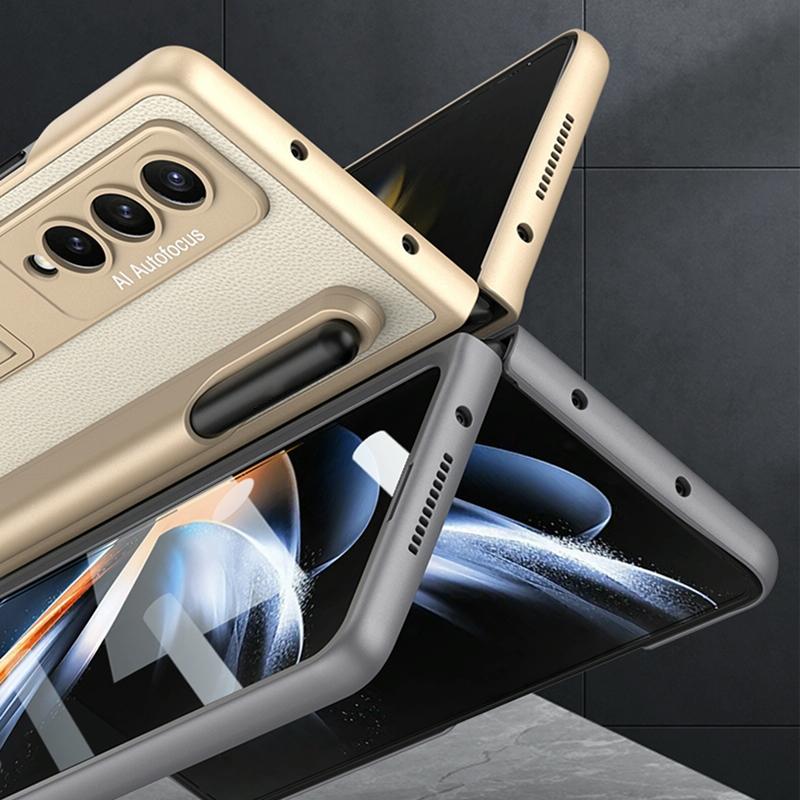 For Samsung Galaxy Z Fold4 5G Leather Case With Holder & Pen Slots - Thin & Shockproof - Gold