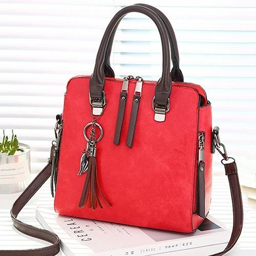 Designer Leather Crossbody Tote with Tassel for Women - Wine Red