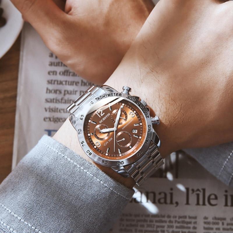 Waterproof Luminous Men Watch with Steel Strap - Silver Coffee