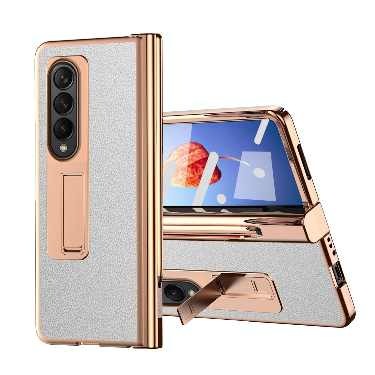 For Samsung Galaxy Z Fold4 5G Premium Litchi Leather Hinged Phone Case - With Pen - White