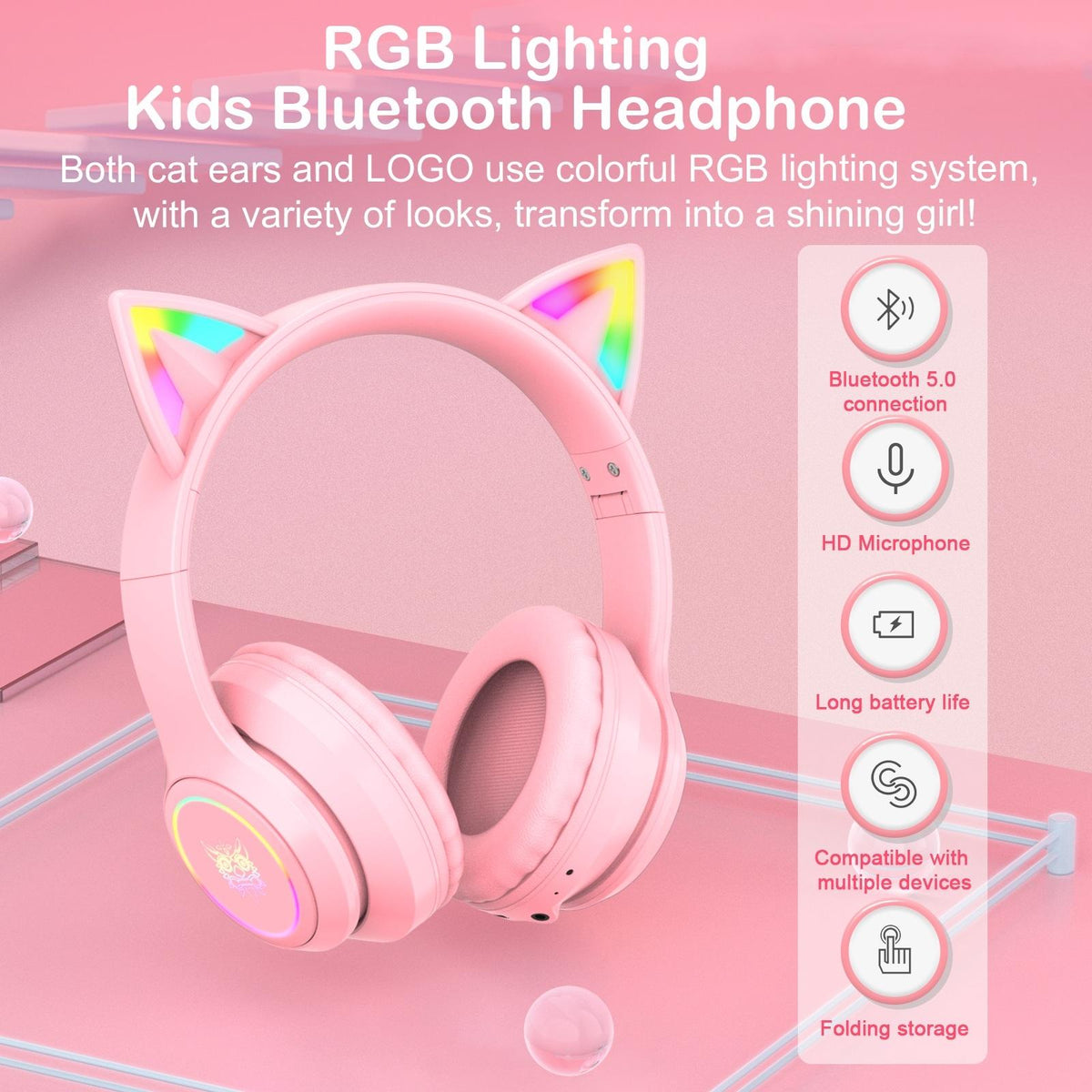 Wireless Bluetooth Headphones With Rgb Lighting - Pink