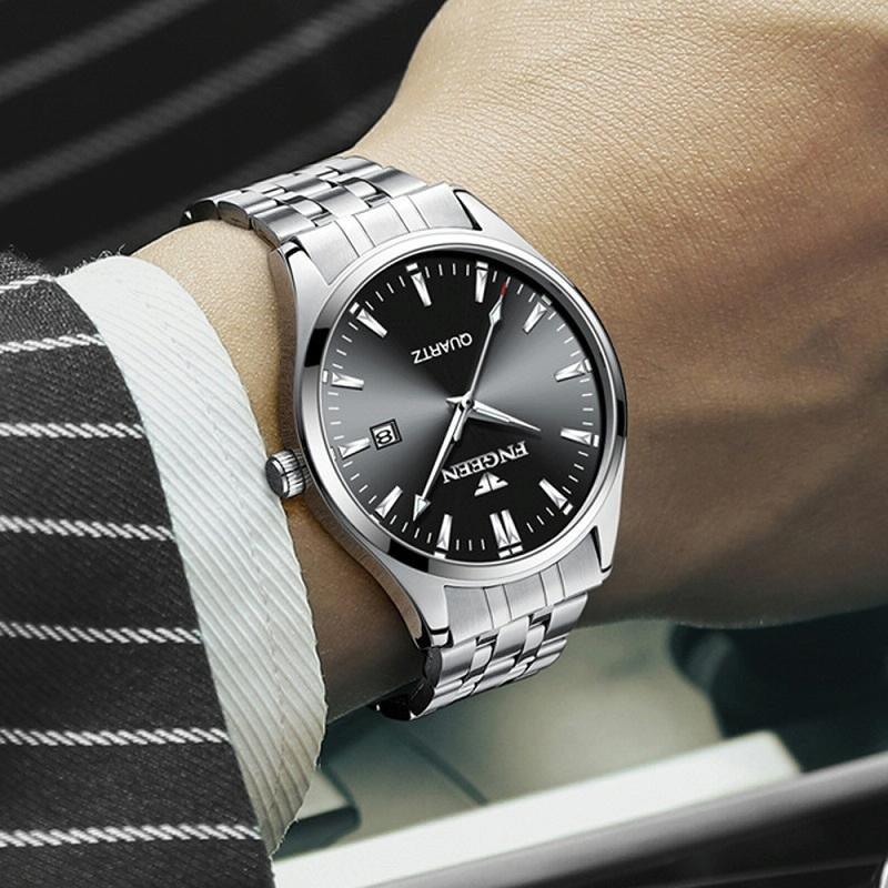 Simple Luminous Quartz Watch for Men with Calendar - Black Steel White Surface