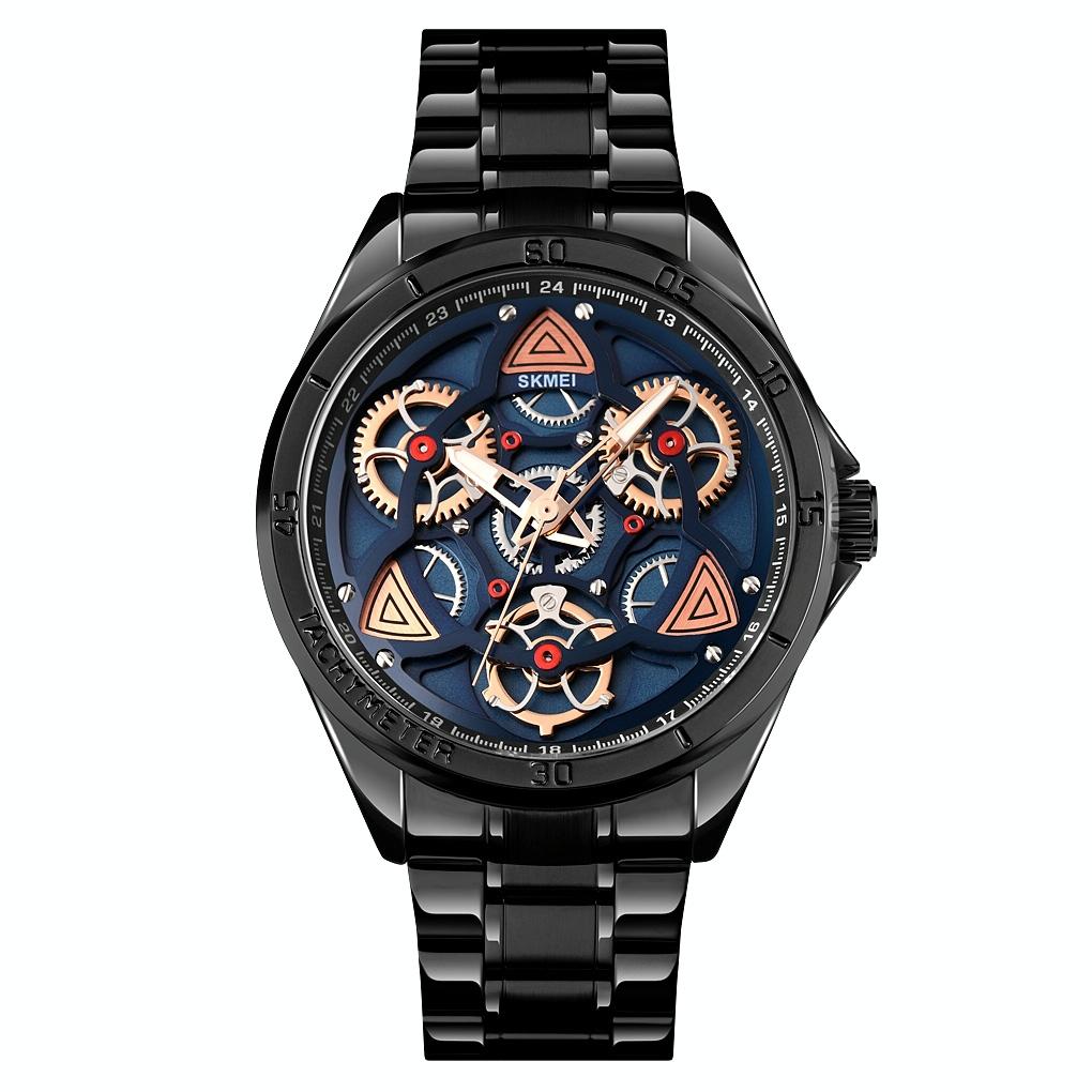 Waterproof Men Quartz Watch with Rotatable Gear Dial - Silver Shell Blue Surface